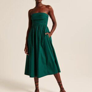 Abercrombie & Fitch Strapless Poplin Midi Dress convertible green